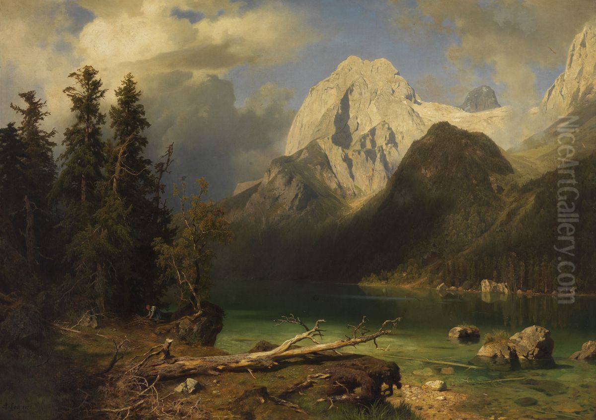 Mountain lake with a mountain range in the background Oil Painting by August Wilhelm Leu