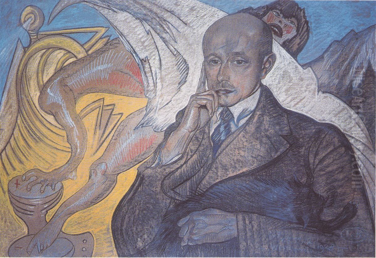 Portret Ludwika Kotulskiego, z pacjentka i kotem Oil Painting by Stanislaw Ignacy Witkiewicz (Witkacy)