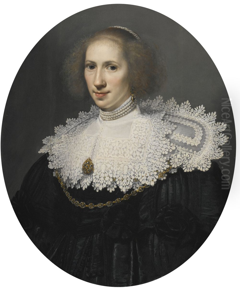 Portrait of a Lady with a Lace Collar and Pearls Oil Painting by Michiel Jansz. van Mierevelt