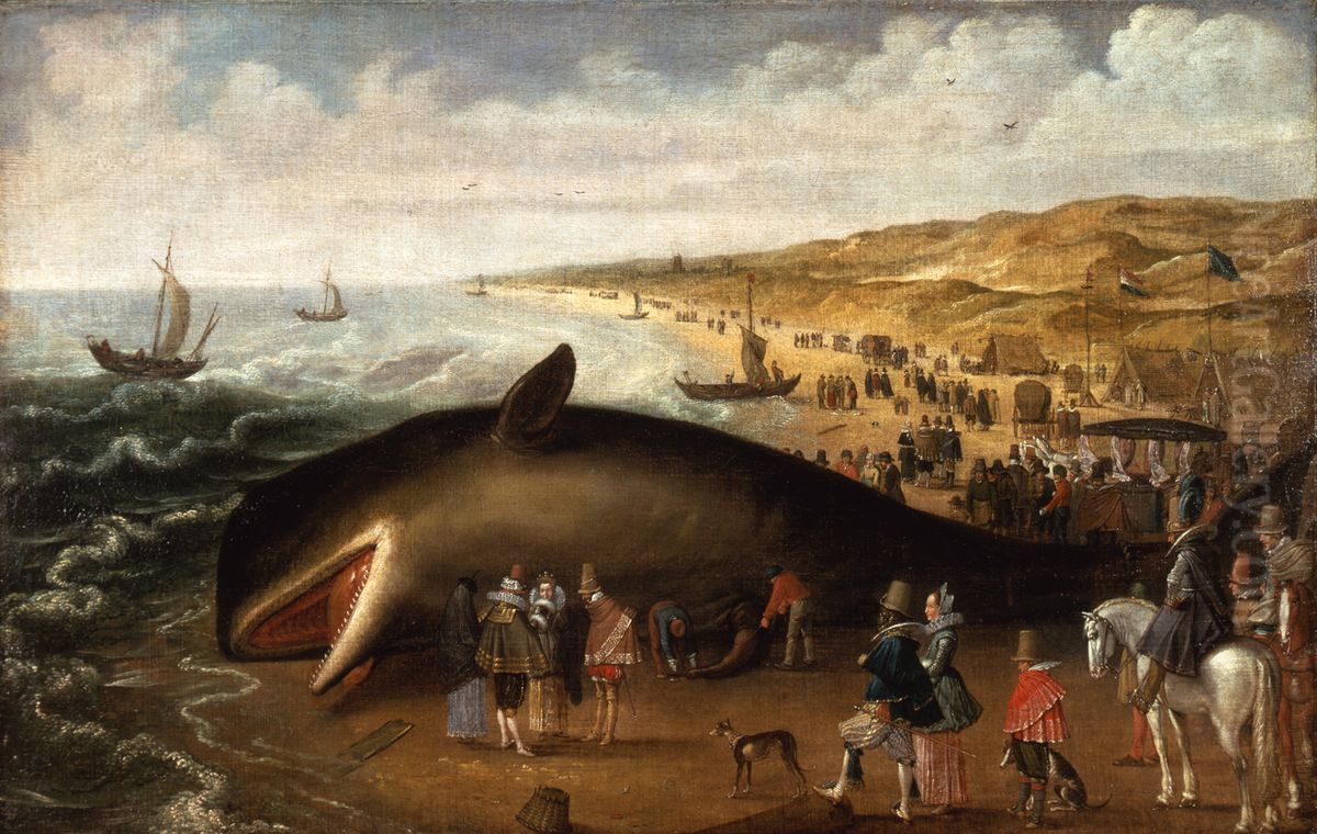 The Whale Beached between Scheveningen and Katwijk, with Elegant Sightseers Oil Painting by Esaias Van De Velde