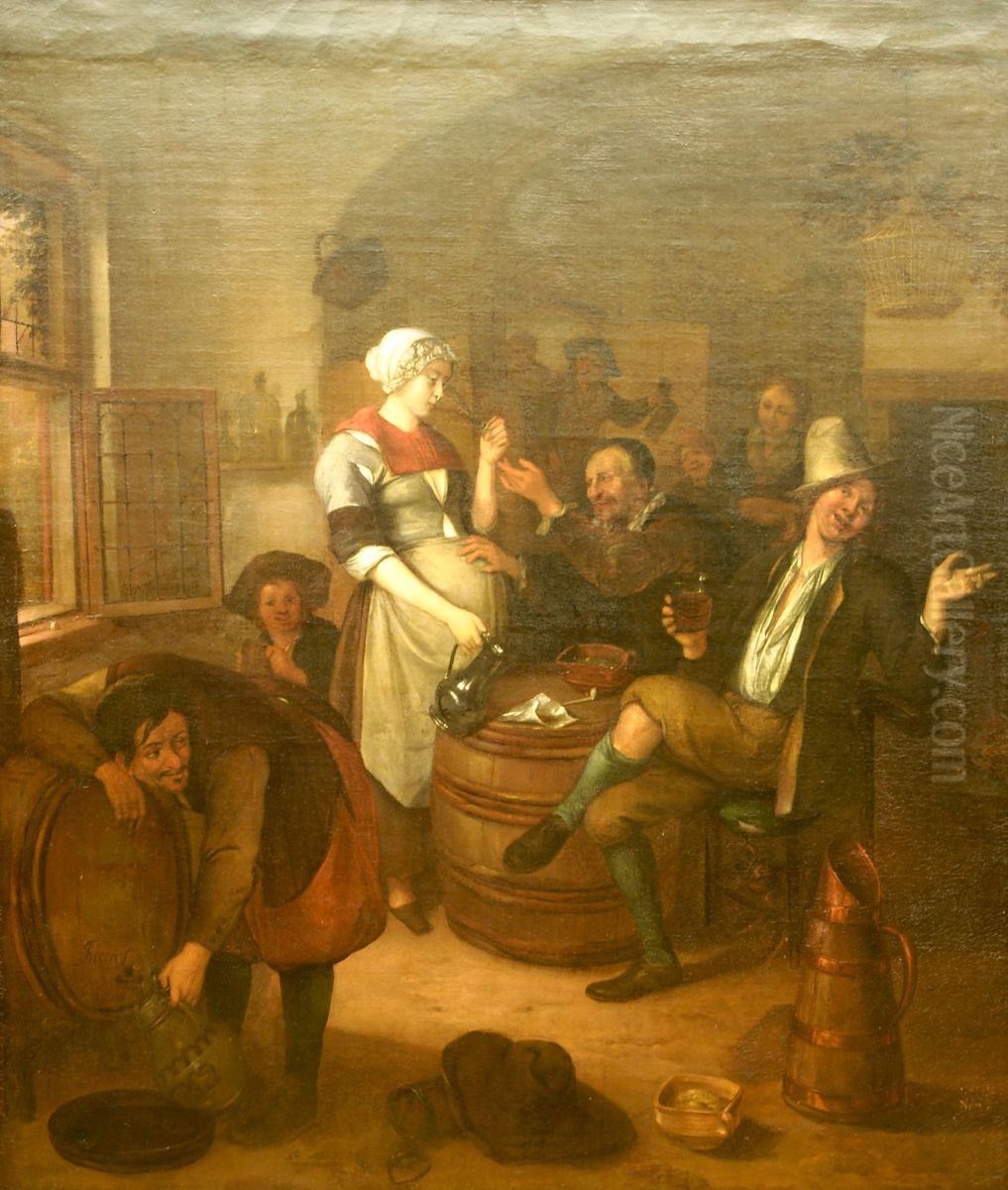 Tavern Interior with a Maidservant and Drinkers Oil Painting by Richard Brakenburgh
