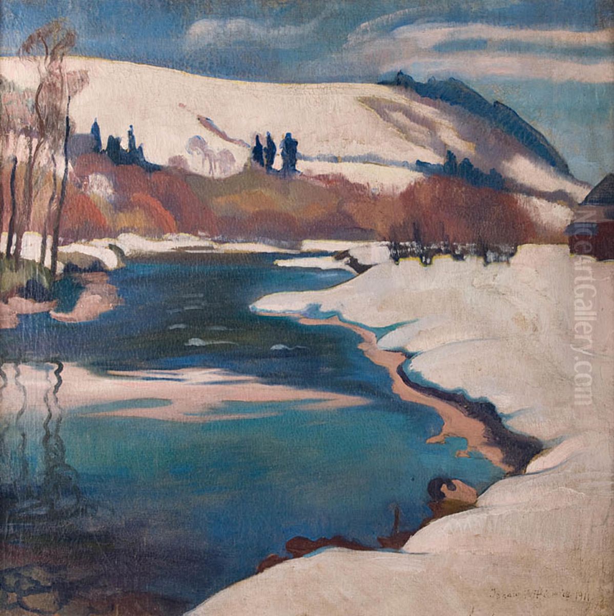 Winter landscape with a river Oil Painting by Stanislaw Ignacy Witkiewicz (Witkacy)