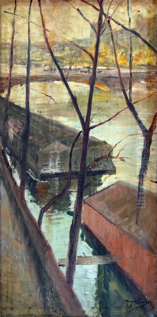 Laundry boats in Paris Oil Painting by Raymond Tournon