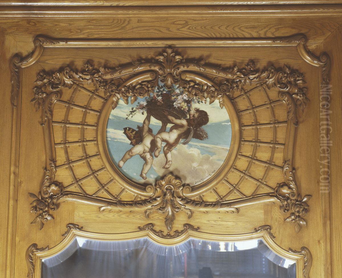 Cupids with Flowers Oil Painting by Julius Johann Ferdinand Kronberg