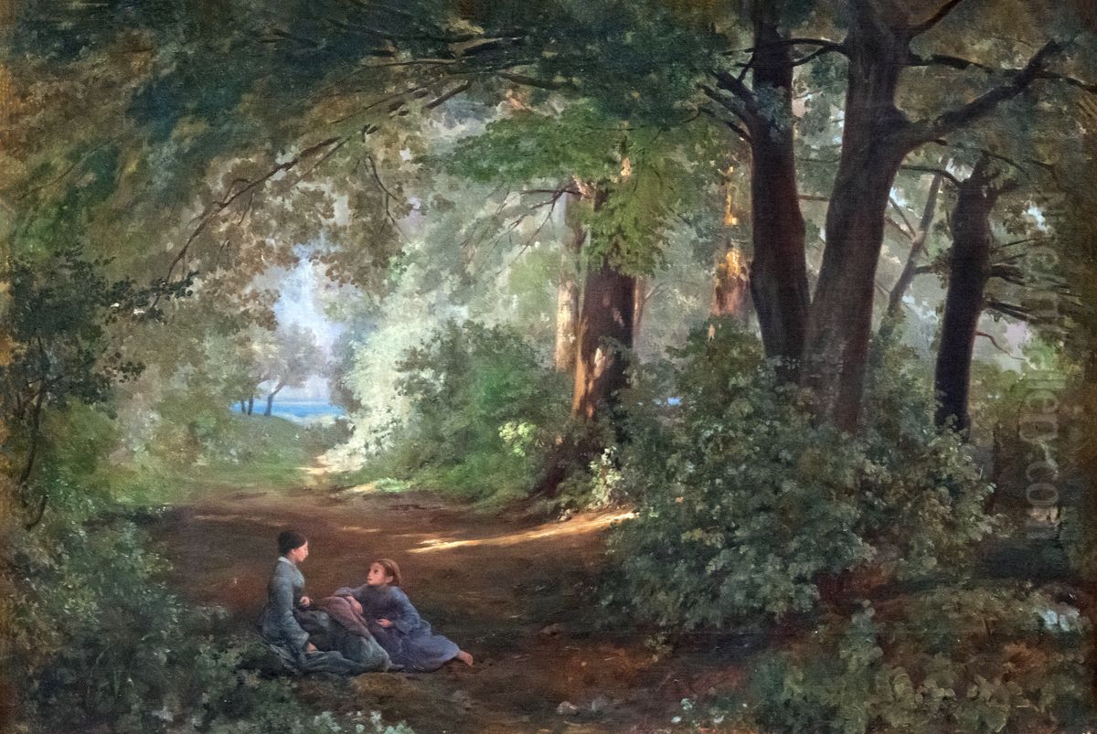 Conversation dans une allee pres du lac Oil Painting by Firmin Salabert
