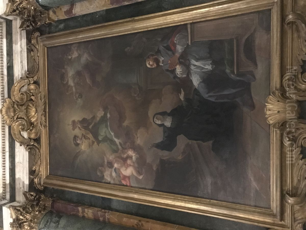 Saint Jane Frances of Chantal and Saint Francis of Sales in adoration of the Heart of Jesus Oil Painting by Corrado Giaquinto