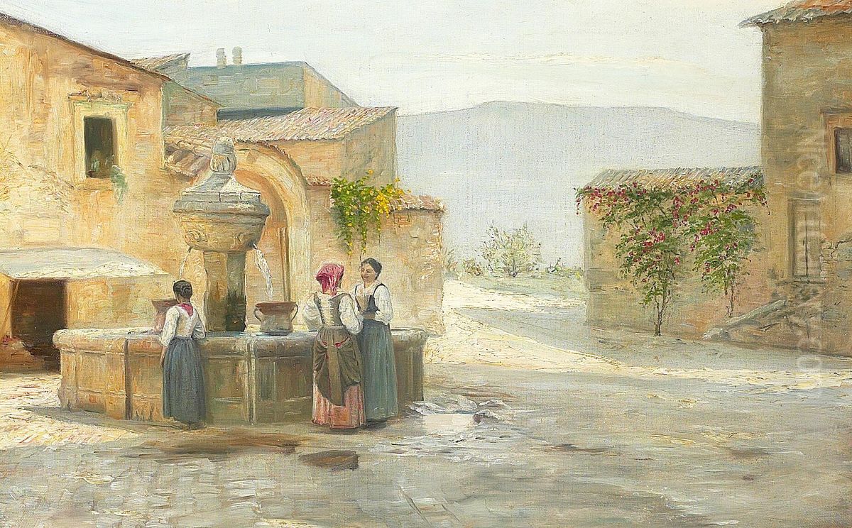 Italiensk landsby med kvinder ved en fontaene Oil Painting by Carl Holsoe