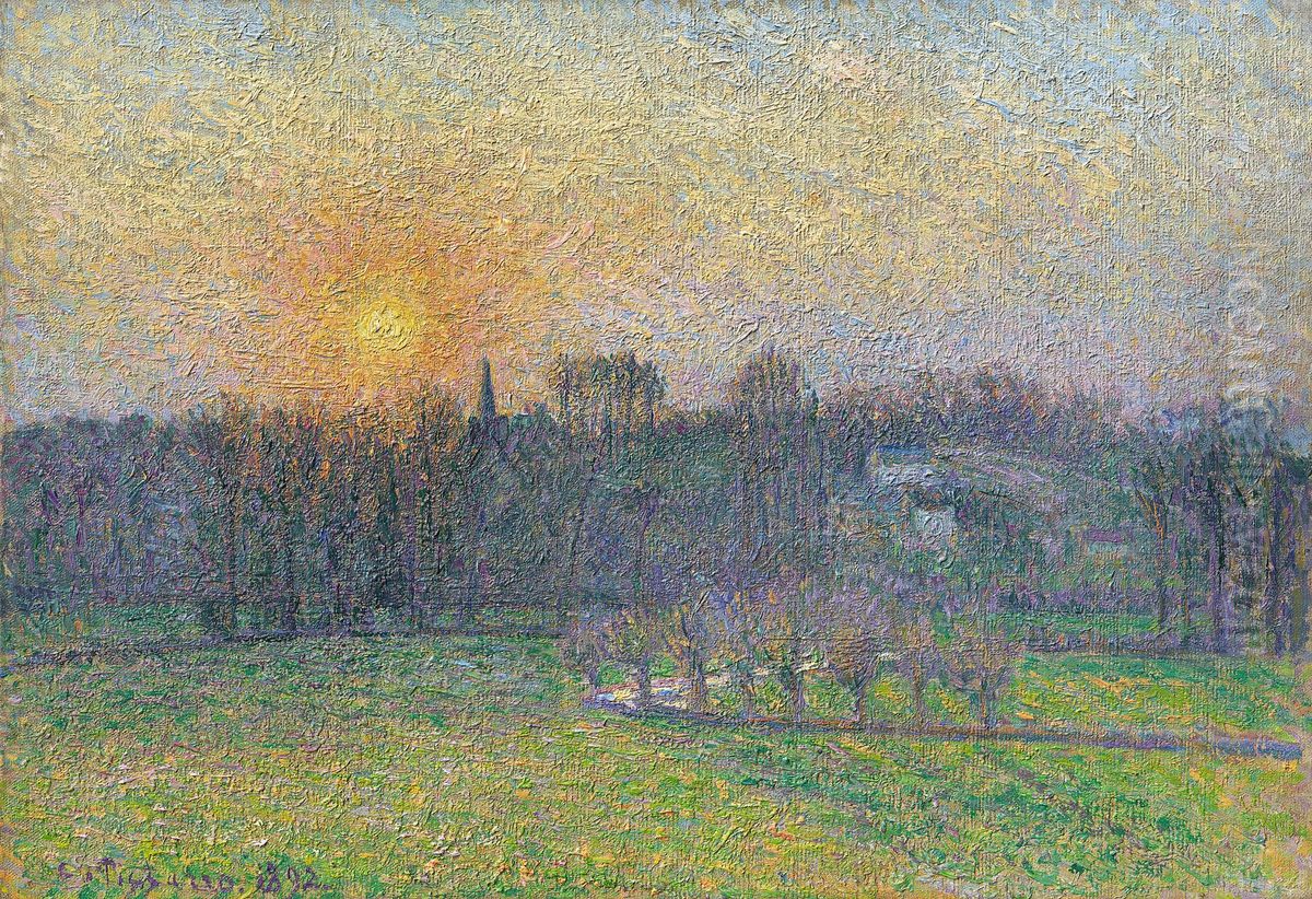 View of Bazincourt, Sunset Oil Painting by Camille Pissarro