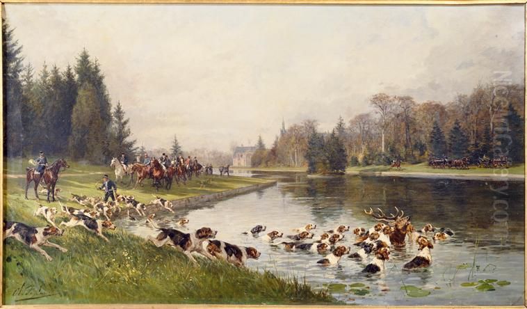 Hallali du cerf dans l'etang de Sylvie. Chasse du duc d'Aumale en 1880 Oil Painting by Charles Olivier De Penne