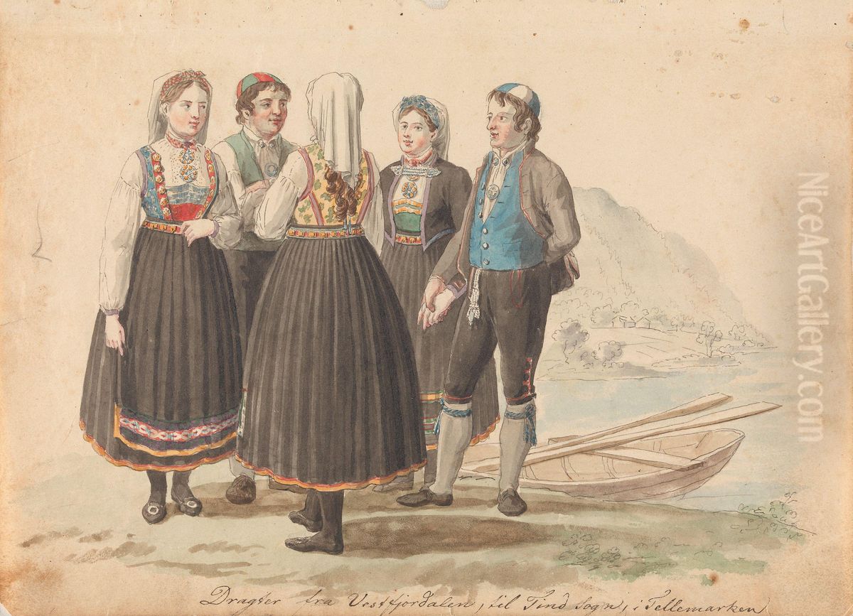 Draktstudier fra Vestfjorddalen, Tinn i Telemark Oil Painting by Johannes Flintoe