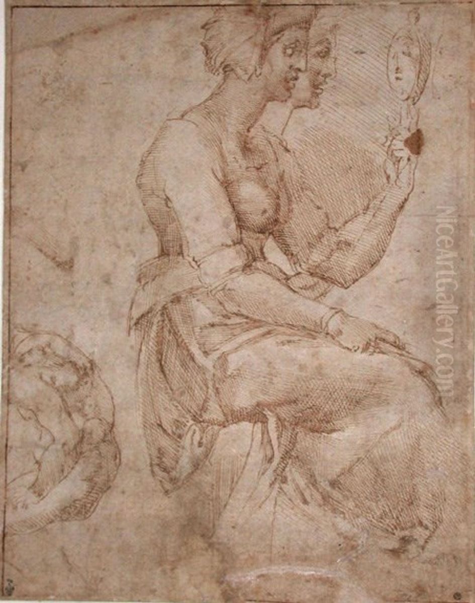 Prudence assise, se regardant dans un miroir Oil Painting by Michelangelo Buonarroti