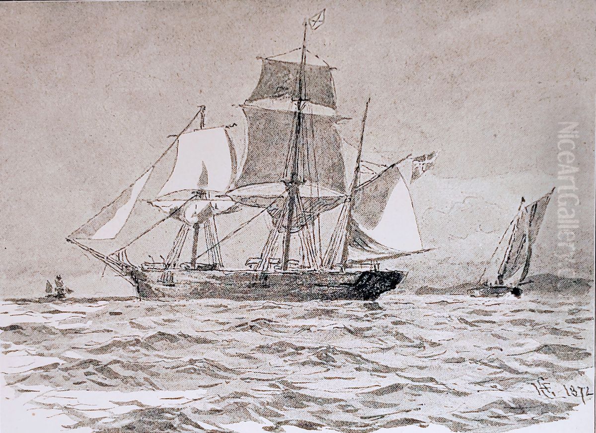 Barkskib, laeggende bi for lods Oil Painting by Hans Gude