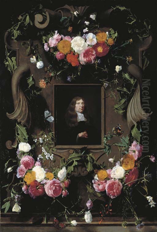 Flowergarlands on a sculpted cartouche with a portrait of a man Oil Painting by Daniel Seghers