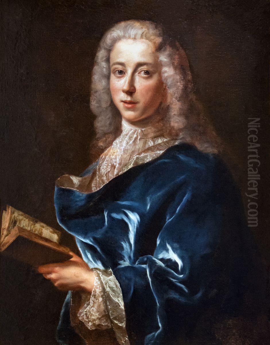 Portrait d'un homme au manteau bleu tenant un livre Oil Painting by Francois de Troy