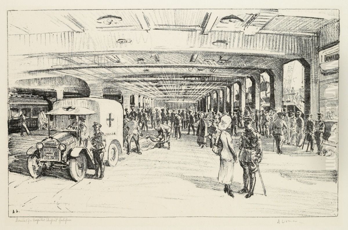 Arrival of Hospital Ship at Pier No.2 Halifax Oil Painting by Arthur Lismer