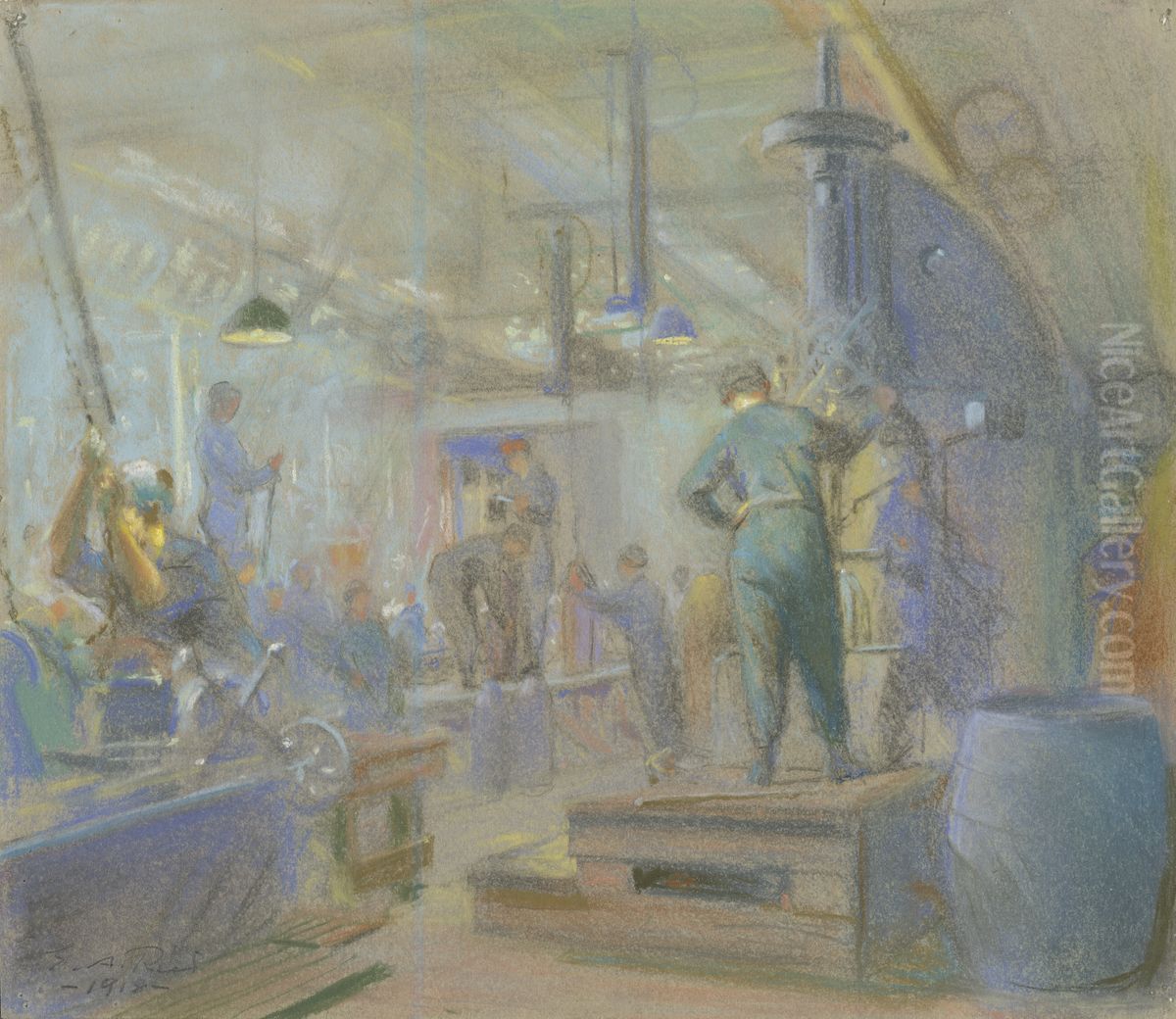 Nose Boring and Cutting off 9.2 Shells - Russell Motor Works, Toronto Oil Painting by George Agnew Reid