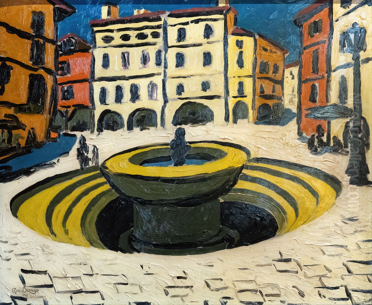 Griffin squareFrancais:La place du GriffoulItaliano:Piazza del Grifone Oil Painting by Georges Gaudion