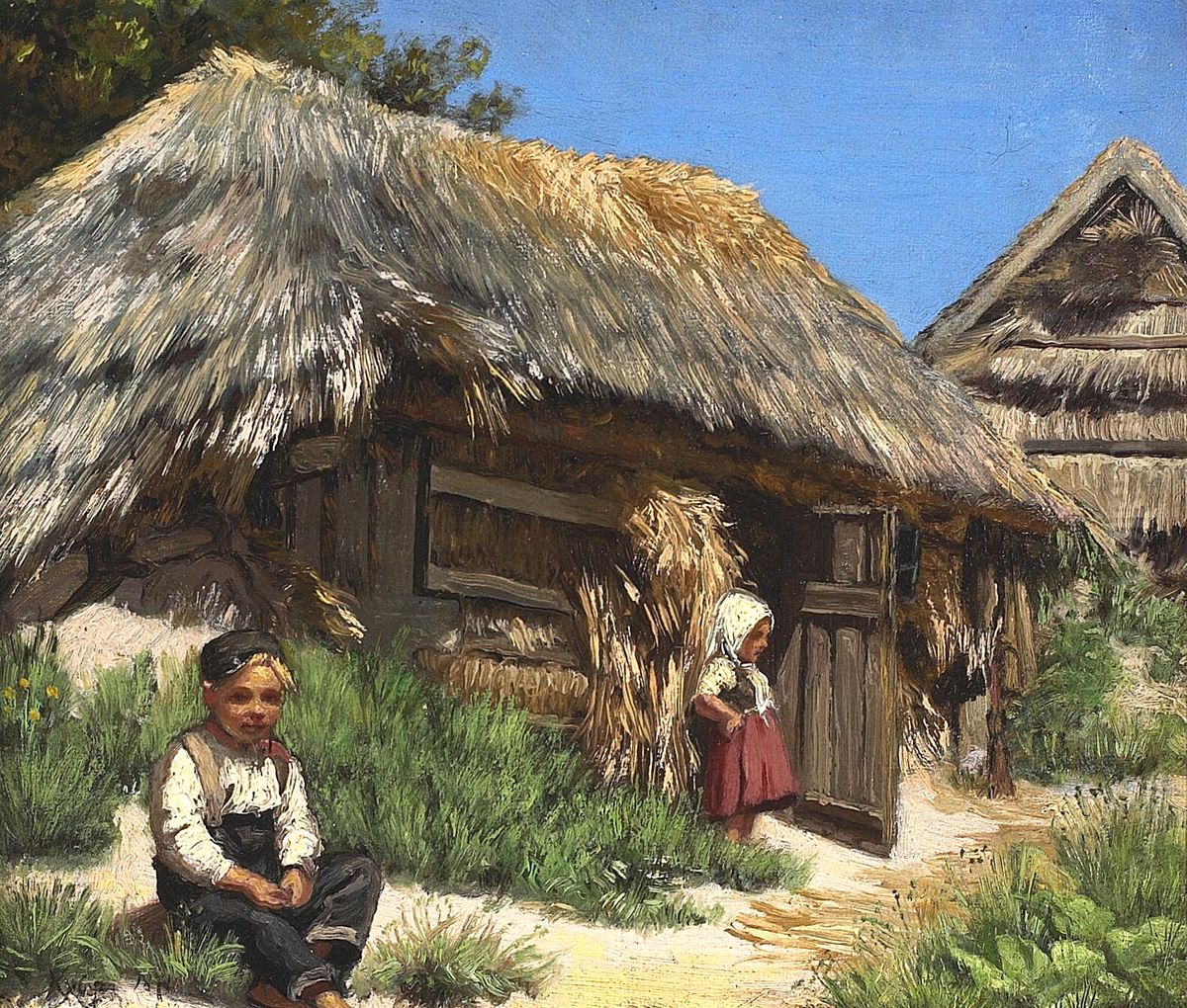 A thatched house. Summer day with warm blue skies. Arranged with a couple of children. Oil Painting by Peder Severin Kroyer