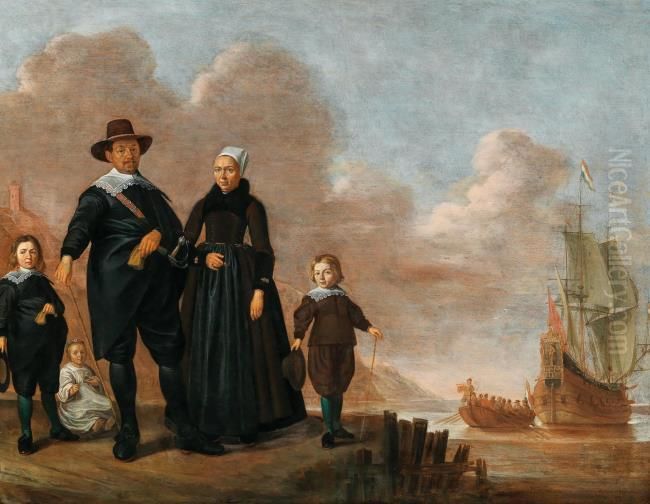 Portrait of a family , possibly Dirck Janssen Bol (?-?), Marritge Claesdr. (?-?) and their children Oil Painting by Herman Doncker