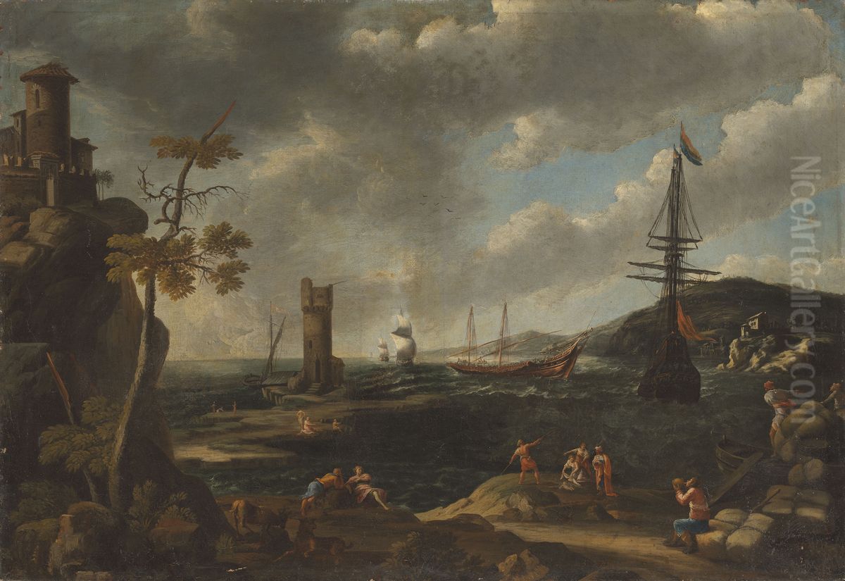 A coastal landscape with fishermen Oil Painting by Adrien Manglard