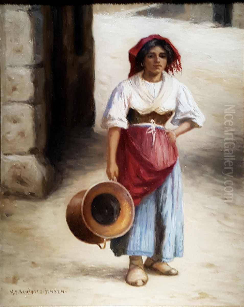 A young girl with a water vessel in Italy Oil Painting by Niels Frederik Schiottz-Jensen