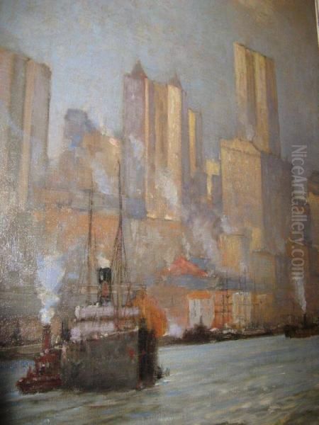 A Freighter Pulls Out, East River, NYC Oil Painting by Carlton Theodore Chapman
