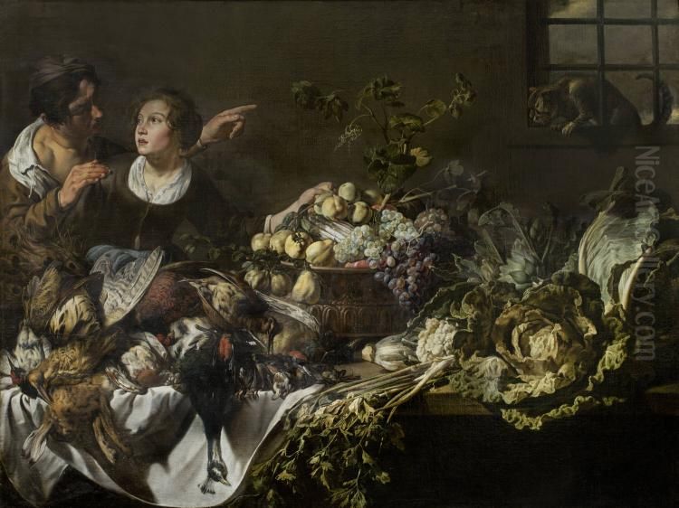 Still Life with Game, Fish, Fruit, Vegetables, Animals, and Figures Oil Painting by Adriaen van Utrecht