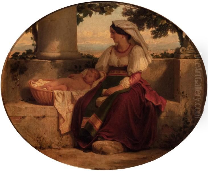 Italian Mother, on the Balcony Oil Painting by Charles Jalabert