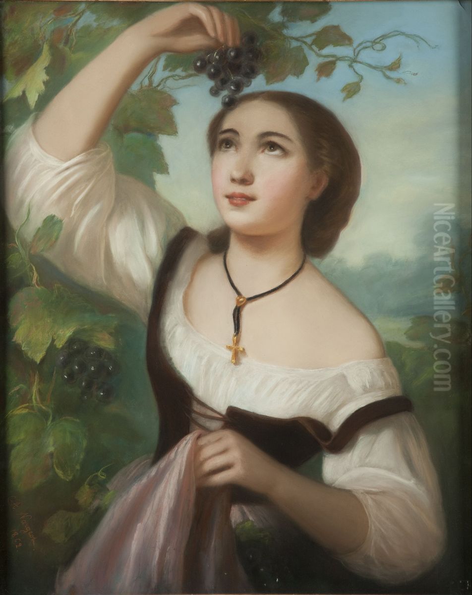 Young woman picking grapes Oil Painting by Clara Nargeot