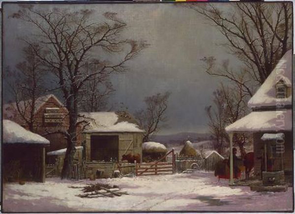 Farm Yard, Winter Oil Painting by George Henry Durrie