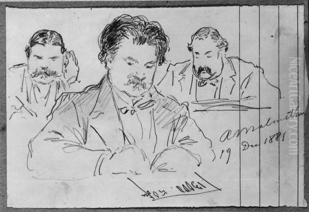 Johan August Malmstrom (1829-1901), professor, artist  3 people Oil Painting by Fritz Von Dardel