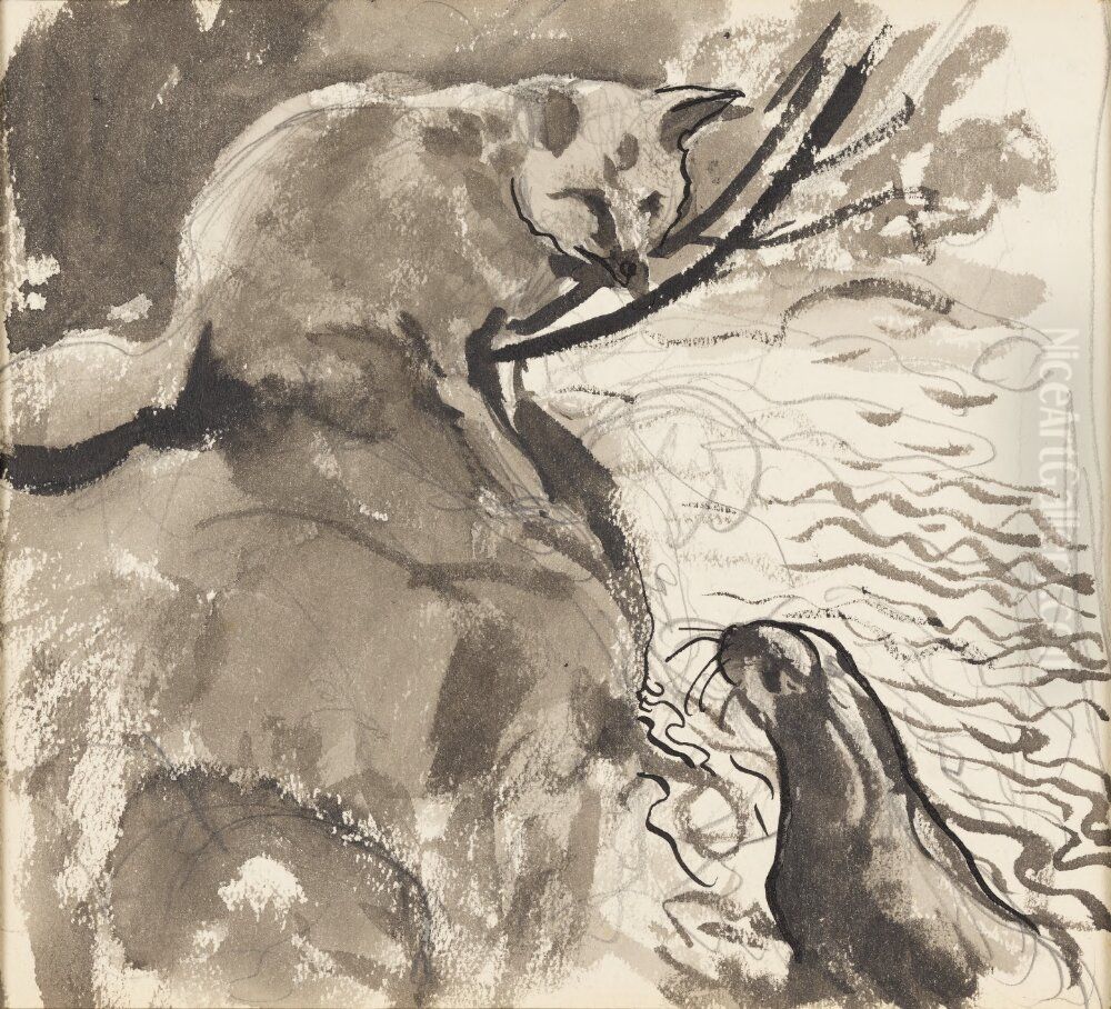 Otter and Fox - Study for Illustration, The Wonderful Adventure of Nils by Selma Lagerlof Oil Painting by John Bauer