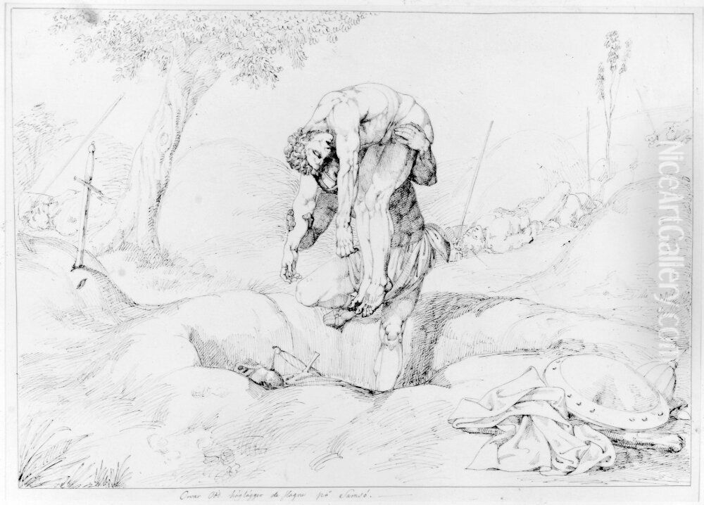 Orvar Odd hoglagger de slagne pa Samso Oil Painting by Carl Wahlbom