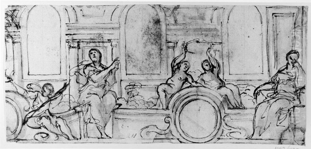 Arkitekturutsmyckning med skulpturer Oil Painting by Giovanni Francesco Grimaldi