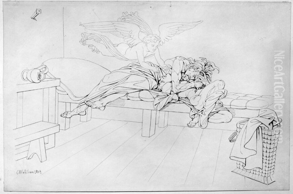 Illustration till ett hungerdrama. Blad 3 Oil Painting by Carl Wahlbom