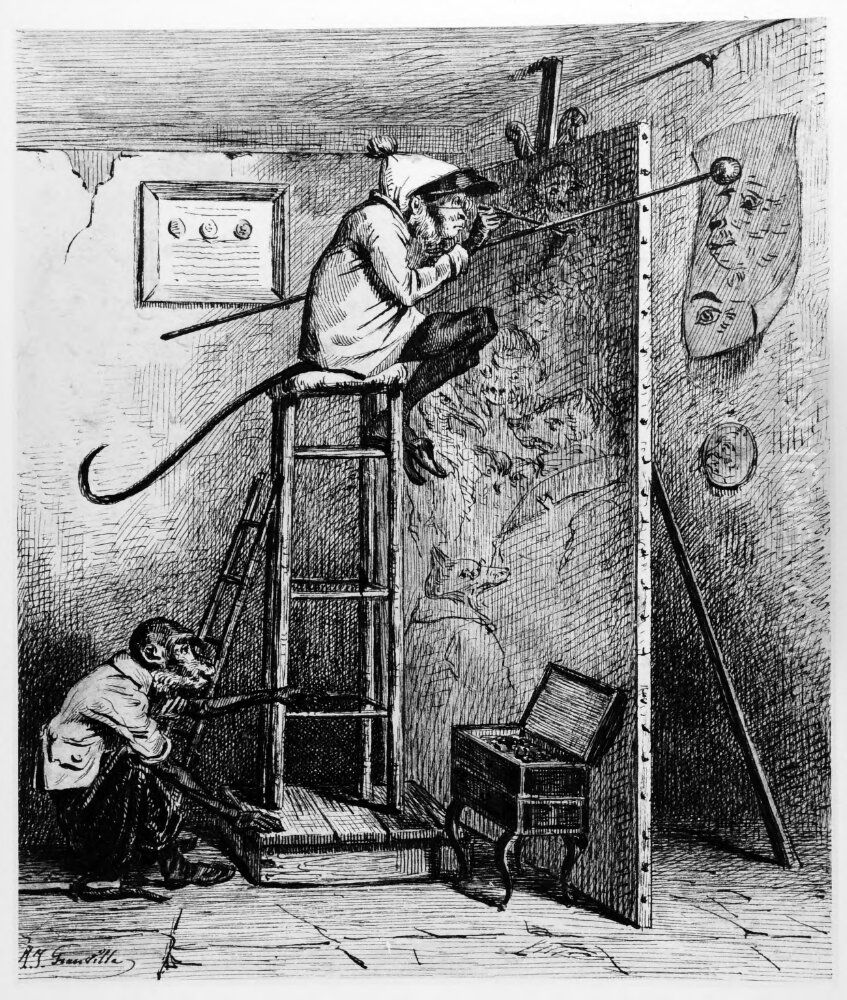 Apa leker konstnar Oil Painting by Jean Ignace Isidore Gerard Grandville