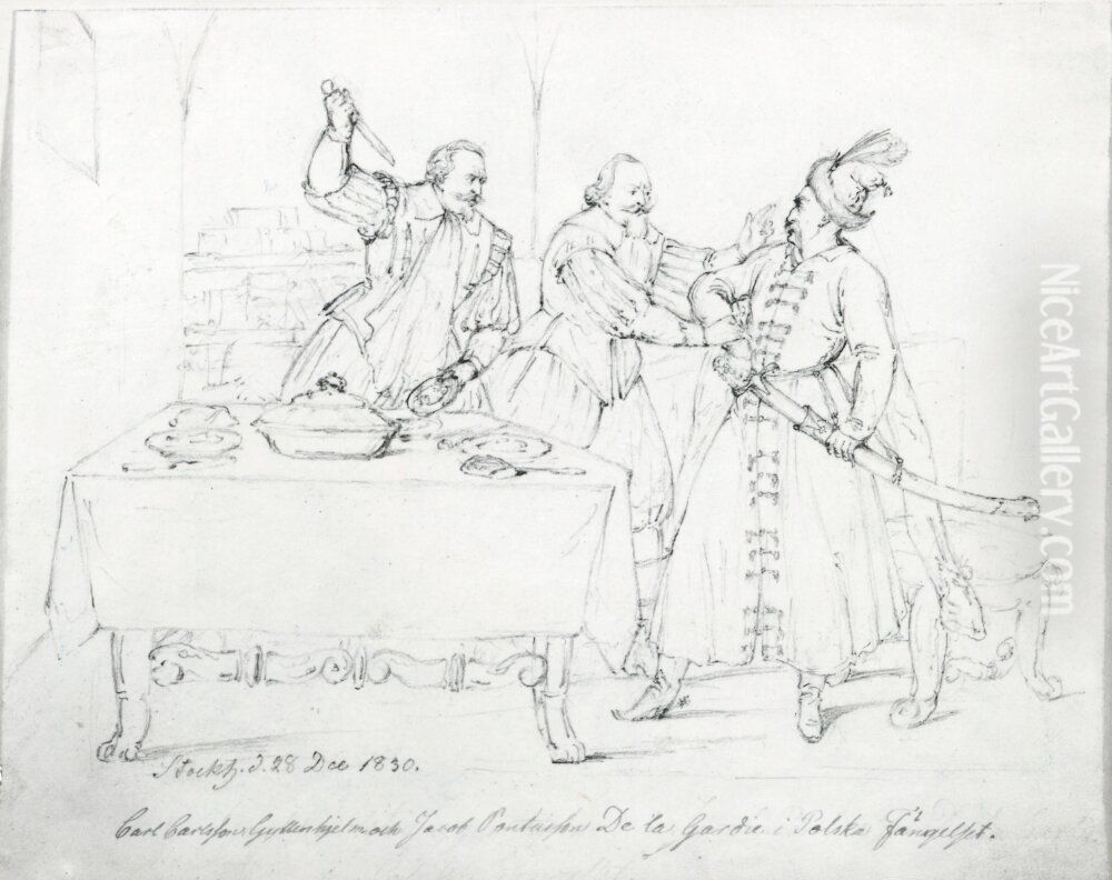 Carl Carlsson Gyllenhielm och Jacob Pontusson De la Gardie i polska fangelset Oil Painting by Johan Holmbergsson