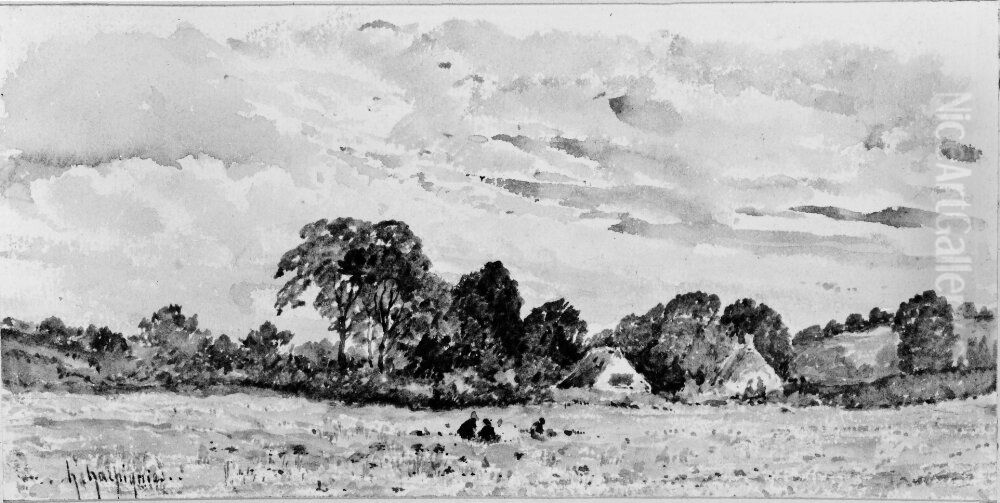 Landskap med vita stenhus Oil Painting by Henri Harpignies