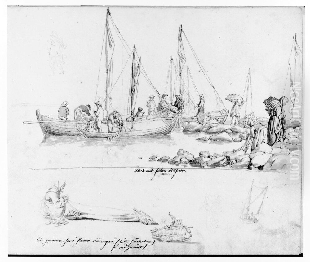 Aterkomst fran sillfiske och en kvinna. Ingar i skissbok Oil Painting by Kilian Christoffer Zoll