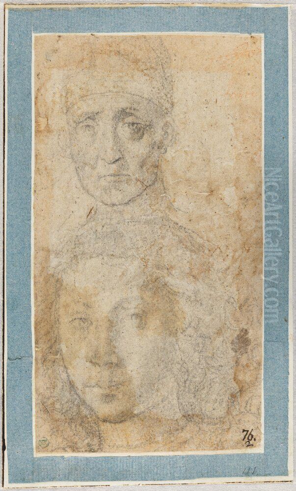 Head of a Man (above) and Head of a Woman or a Young Boy (below) Oil Painting by Lorenzo Di Credi