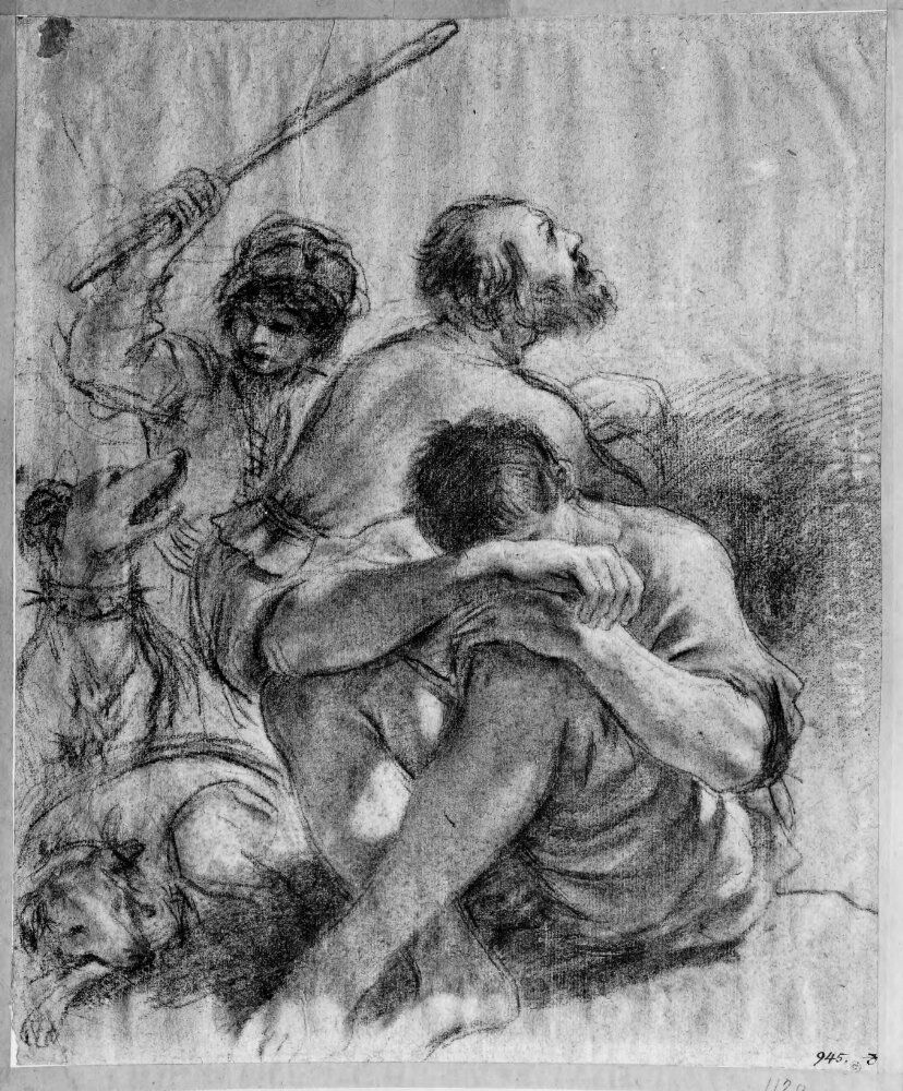 Study for a Composition with a Seated Man, a Bearded Man Looking Upwards, and a Boy with Two Dogs Oil Painting by Giovanni Francesco Barbieri