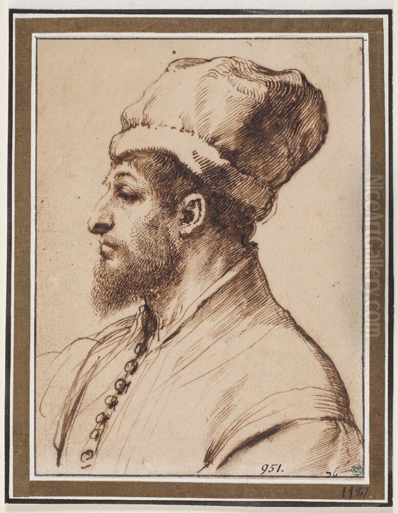 Bearded Man with a Hat, in Profile to Left Oil Painting by Giovanni Francesco Barbieri