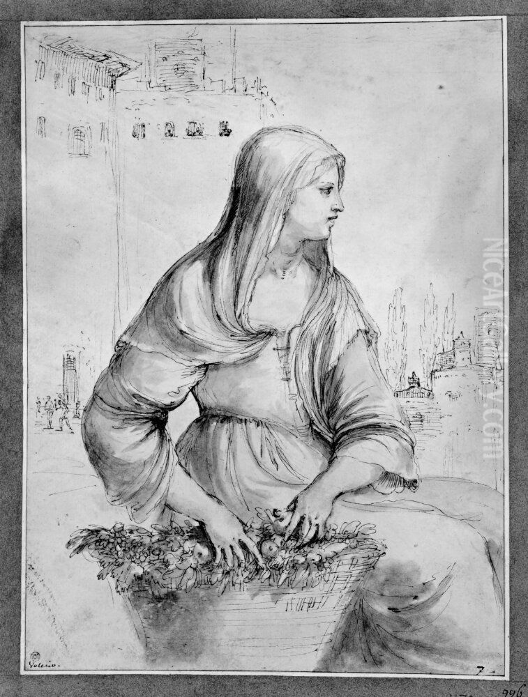 Seated woman with a fruit basket Oil Painting by Francesco Brizio