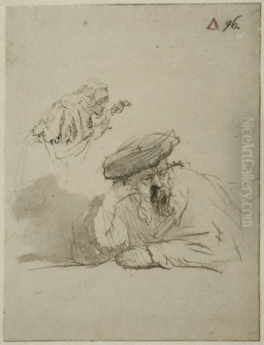 Byst av en gammal man, och en gammal kvinna som lutar sig framat Oil Painting by Rembrandt