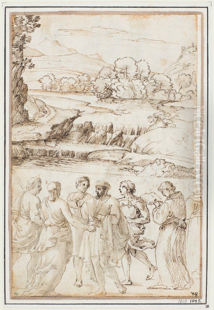 Landscape with Waterfall; Below: Six Figures Oil Painting by Giovanni Francesco Grimaldi