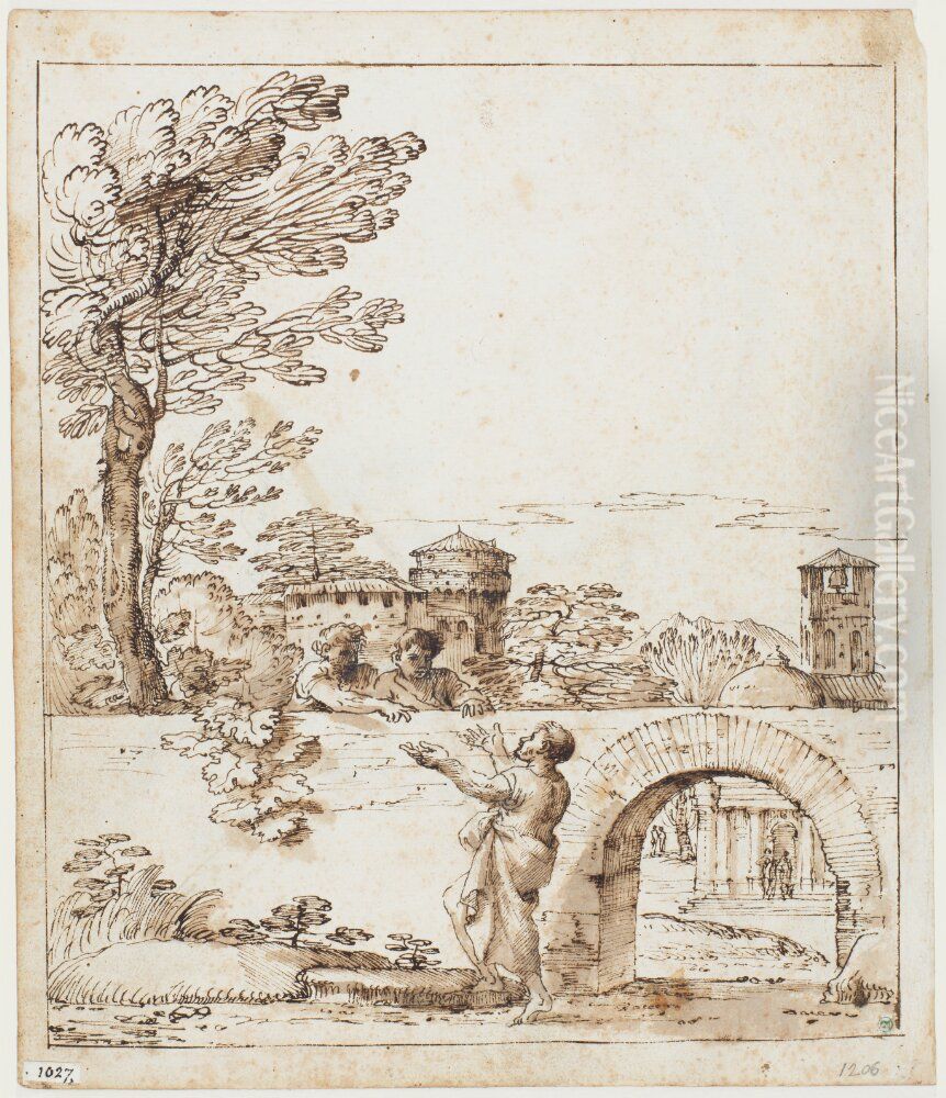 Landscape with Man Looking over a Wall at Two Children Oil Painting by Giovanni Francesco Grimaldi
