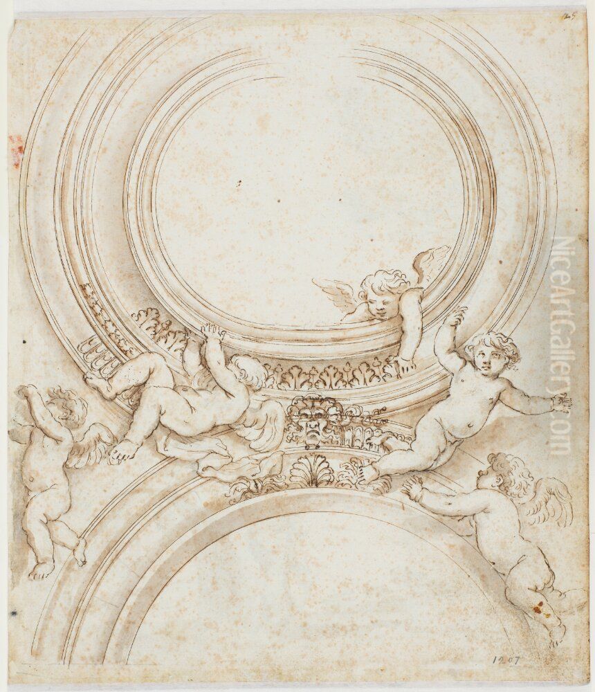Ceiling. Roundel open to sky with five putti Oil Painting by Giovanni Francesco Grimaldi