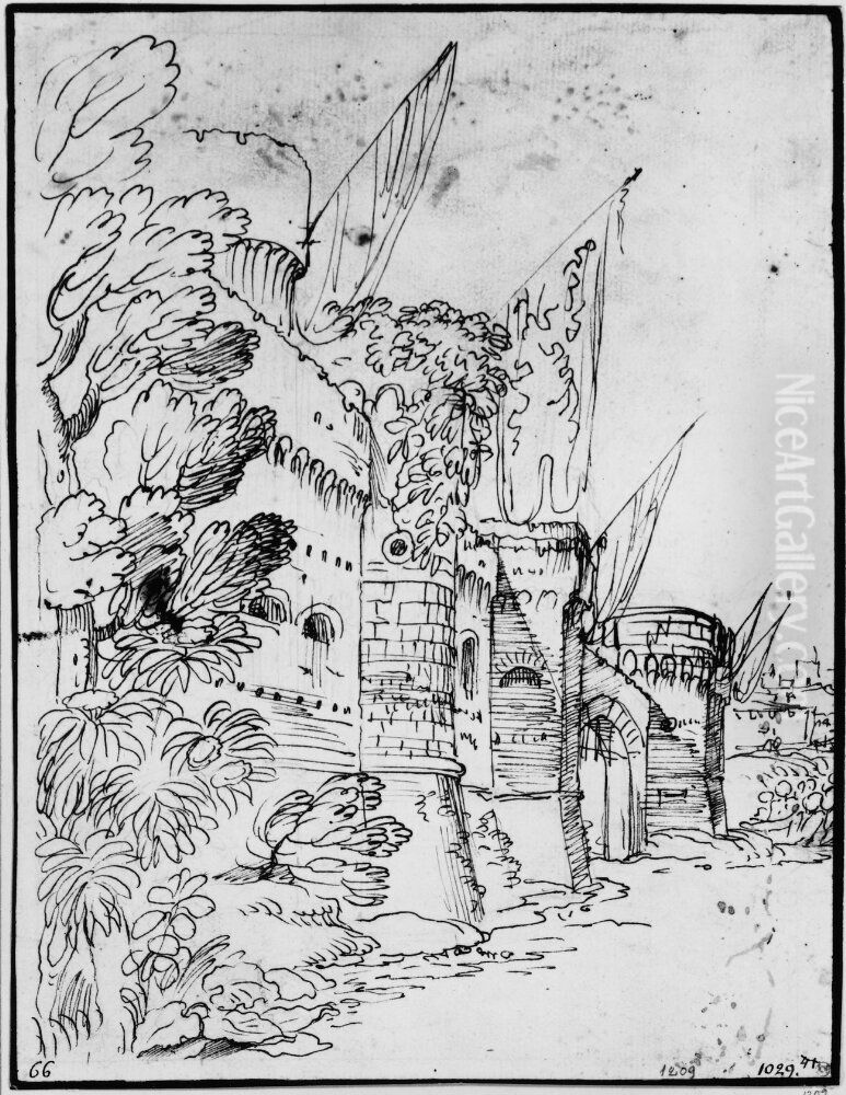 Fortress wall adorned with flags Oil Painting by Giovanni Francesco Grimaldi