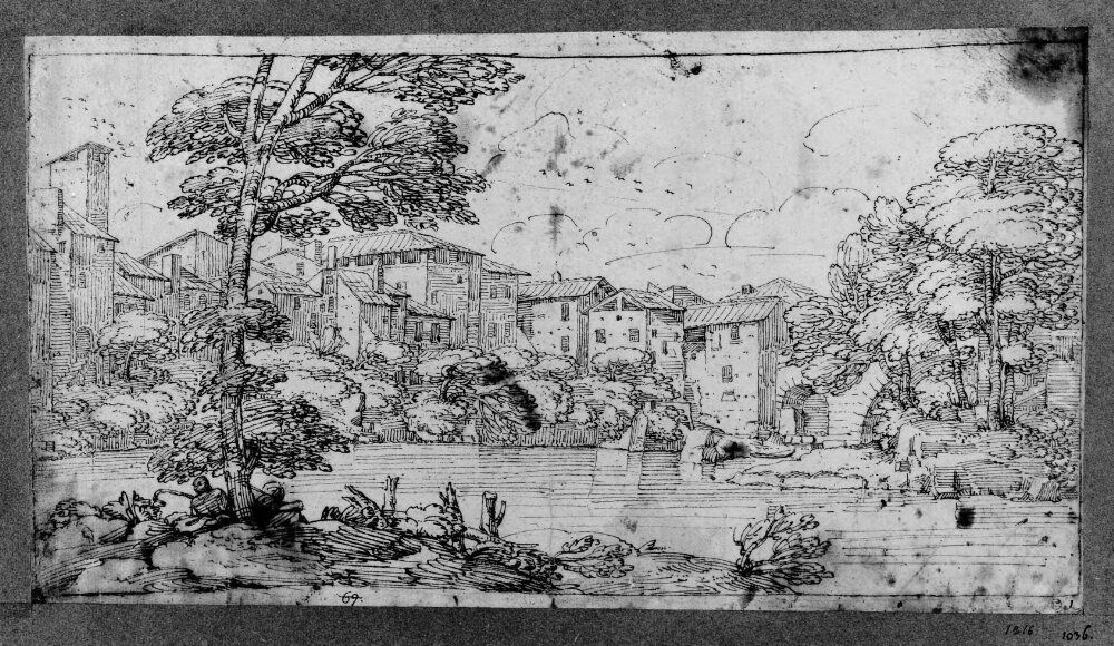 View of a village by a river Oil Painting by Giovanni Francesco Grimaldi