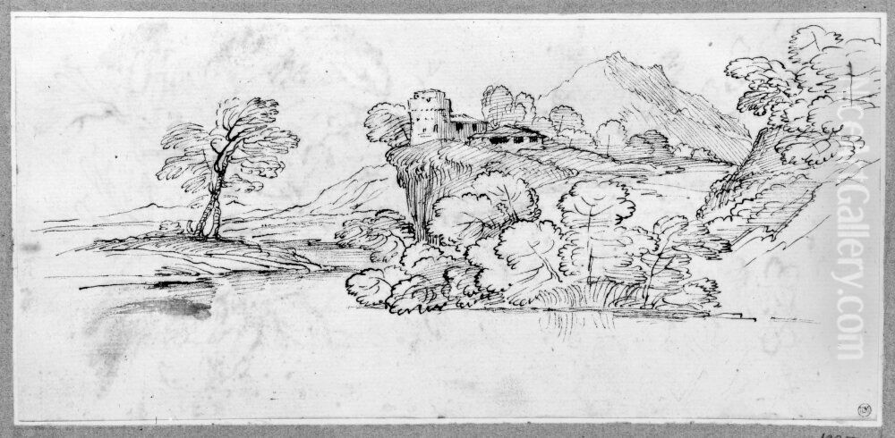 Landscape with small fortress on hill Oil Painting by Giovanni Francesco Grimaldi